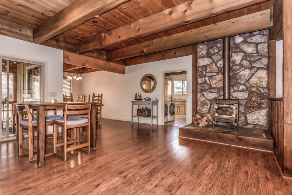 This Bend North short term rental includes a wood stove.