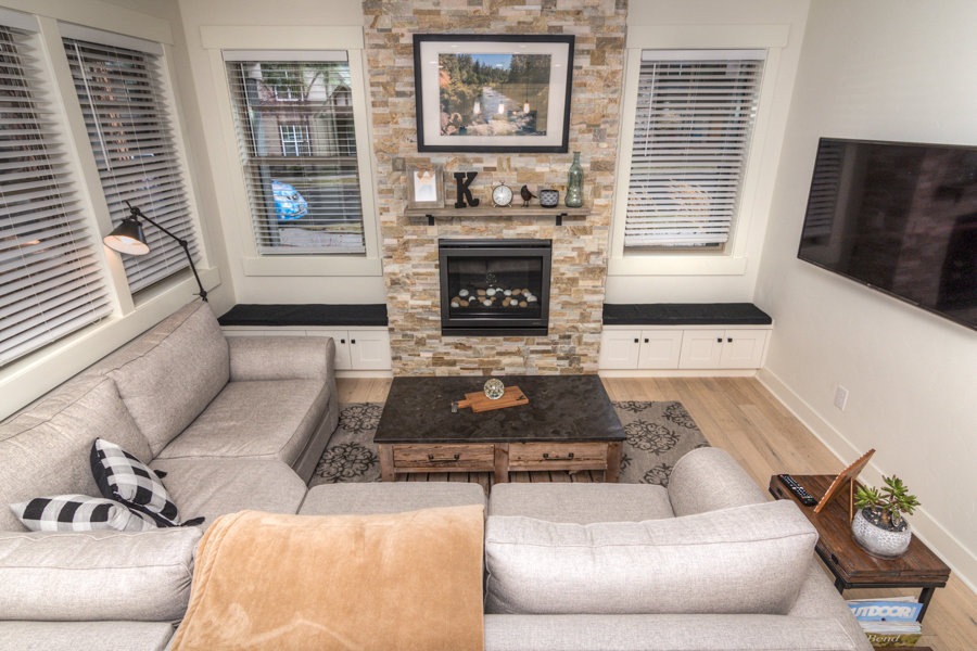This furnished northwest crossing townhouse has a gas fireplace in the living room