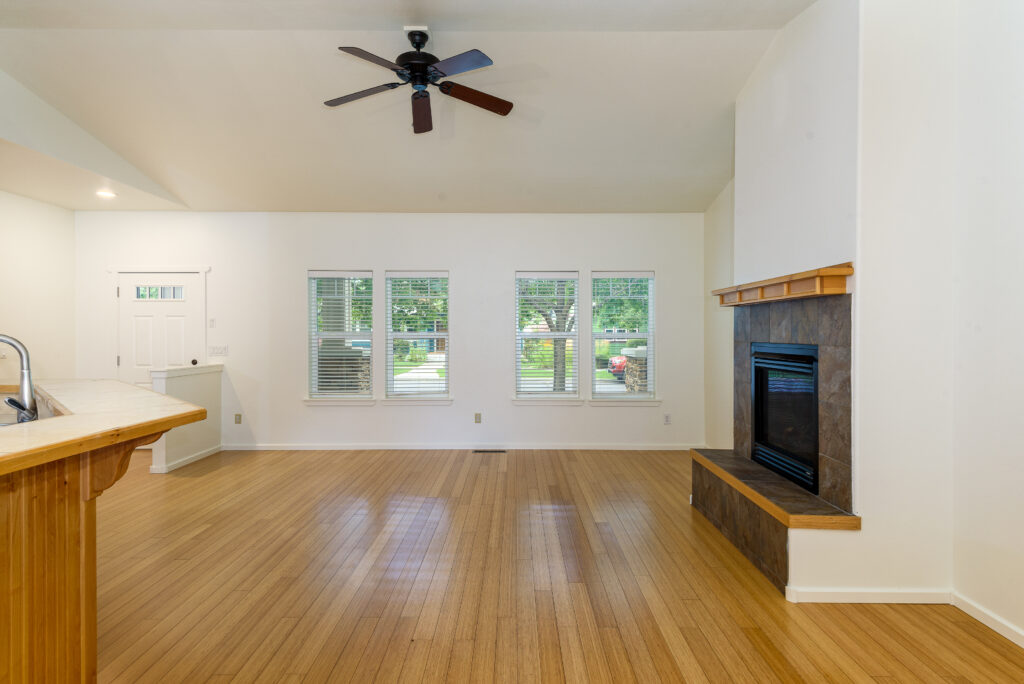 There is a gas fireplace in the living room of this Redmond rental