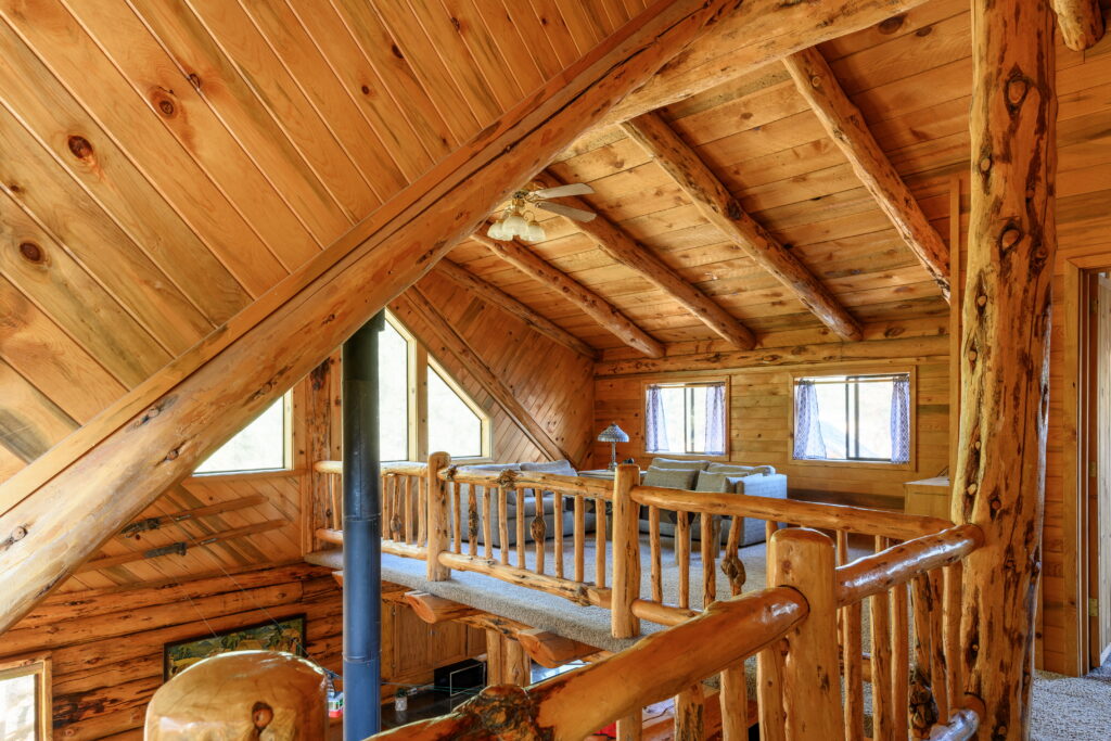 There is a large loft in this furnished log home rental in Bend