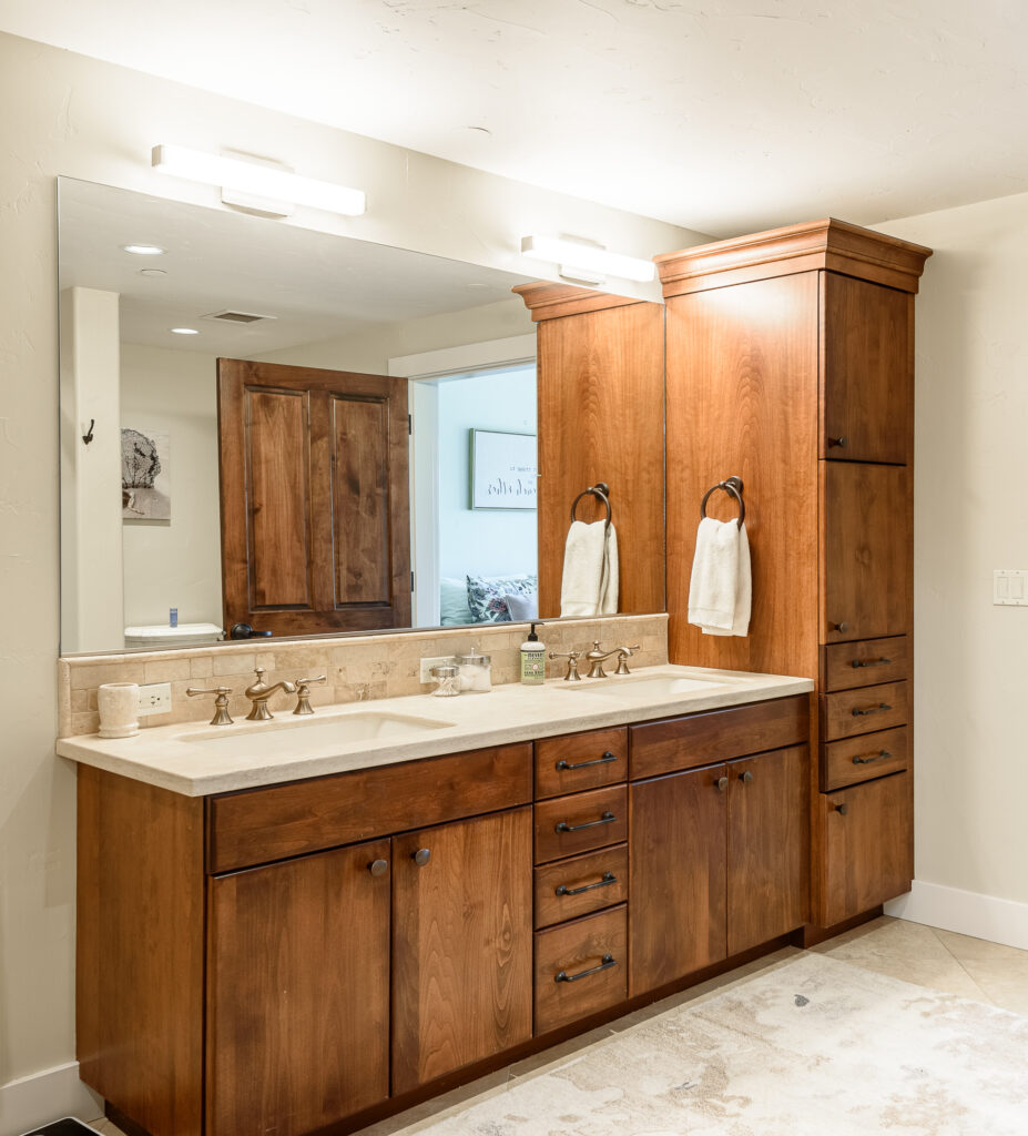 The primary bathroom of this Franklin Crossing downtown Bend rental includes a dual vanity.